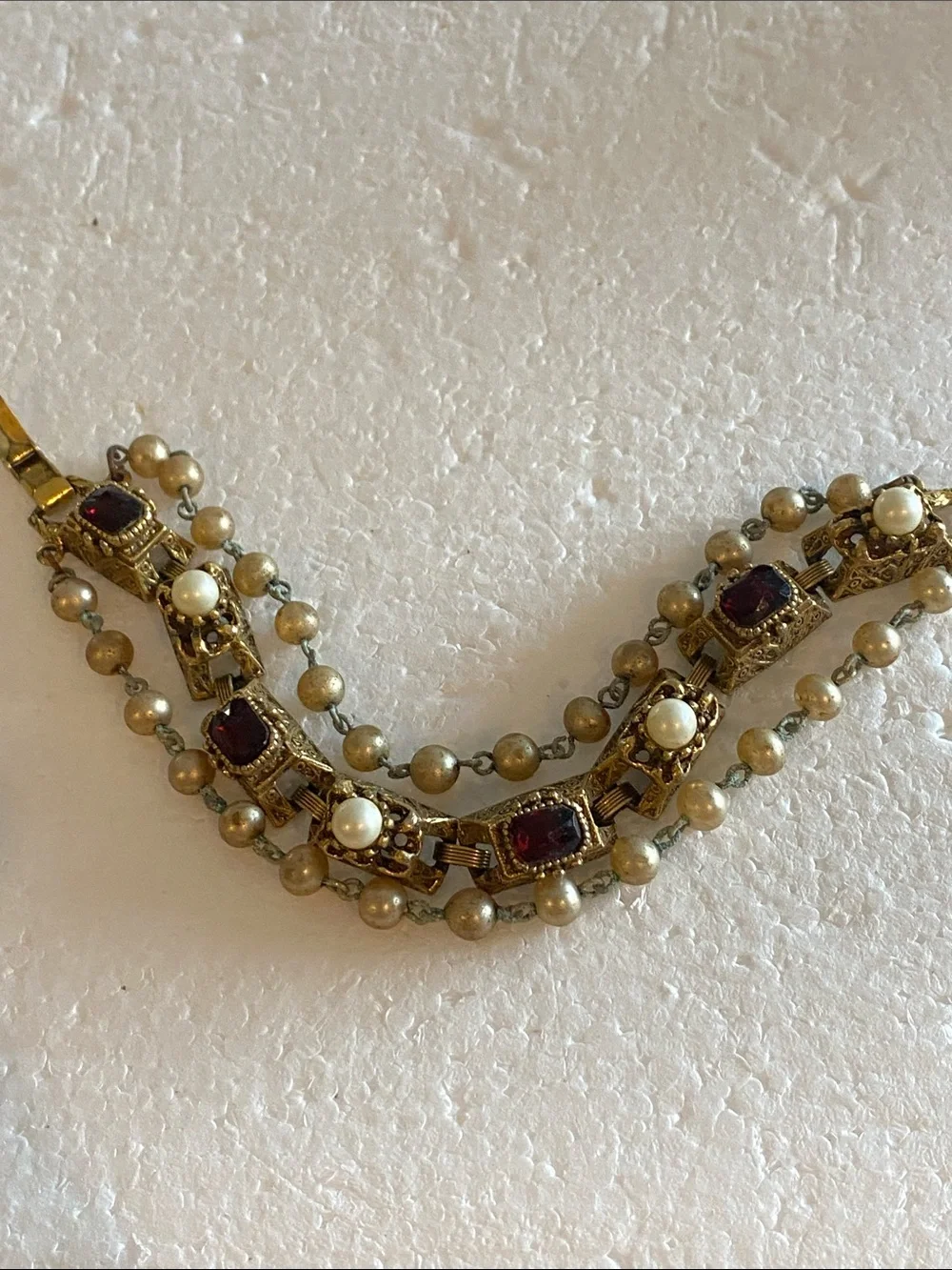 Vintage-Inspired Multi-Strand Pearl and Garnet Link Bracelet - Gold Tone